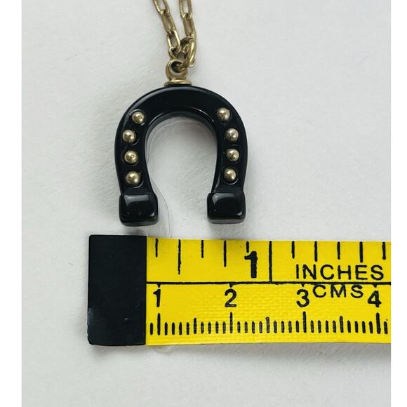 J. Crew Designer Gold Tone Horseshoe Black Pendant Necklace 27” Hoof Brass Tone - Picture 8 of 16